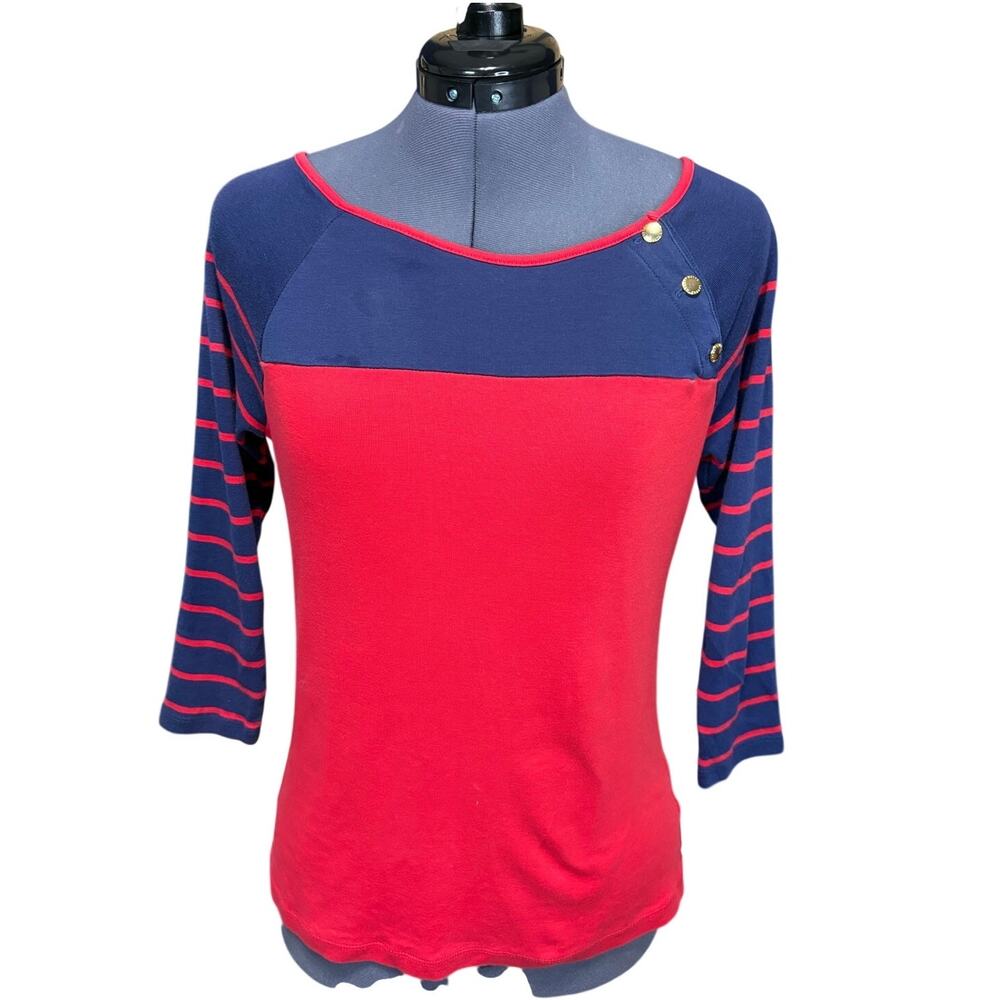 Lauren Ralph Lauren Nautical Top Size L Red Blue Striped Button Shoulder